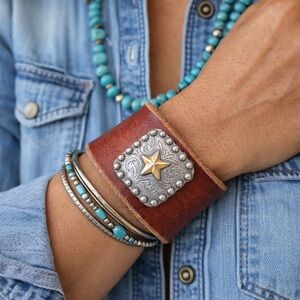 Western Leather Cuff Bracelet Concho Star Rustic Brown Boho Cowgirl Southwestern